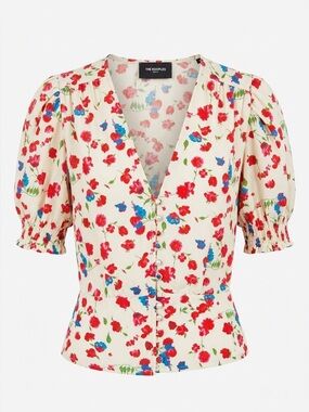 The Kooples Cream Floral V-Neck Button Blouse with Red & Blue Print